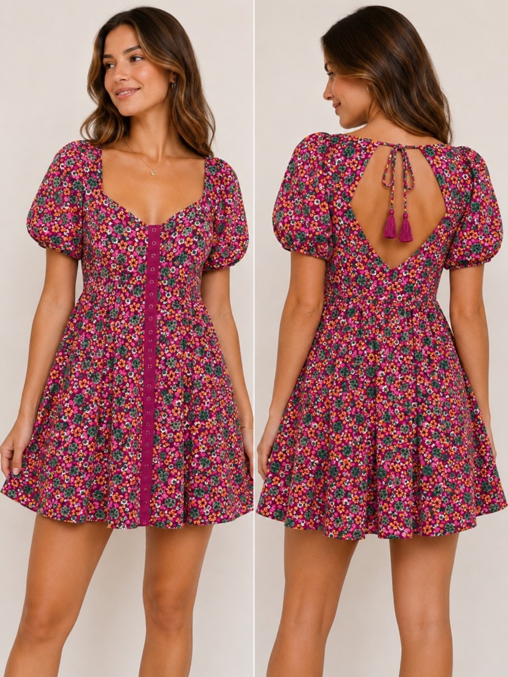 Betsey Johnson Pink Floral Open Back Babydoll Mini Dress M